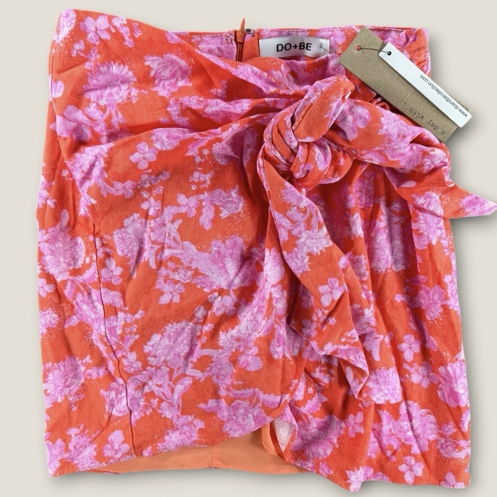 NWT DO+BE Pink Orange Floral Linen Blend Mini Skirt Large L Knot Wrap Front